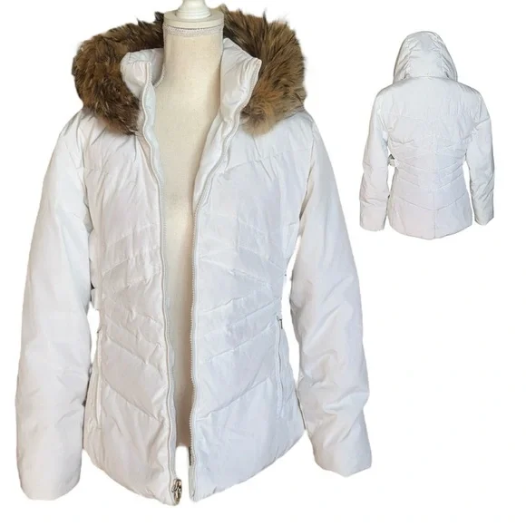 Vintage Anne Klein White Down Hooded Ski Jacket Puffy Parka Real Fur Trim Sz S - Picture 6 of 15